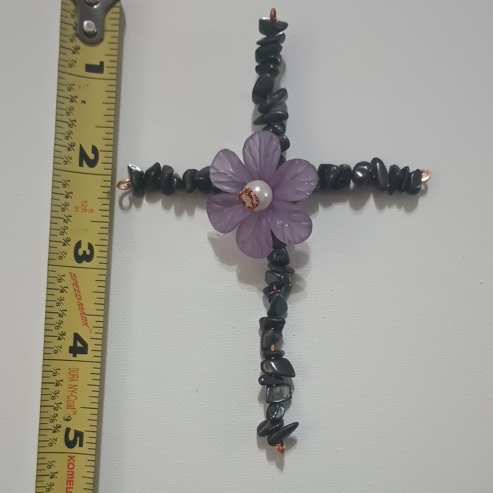 Purple Flower Cross with Black Hematite Chips - Picture 1 of 1